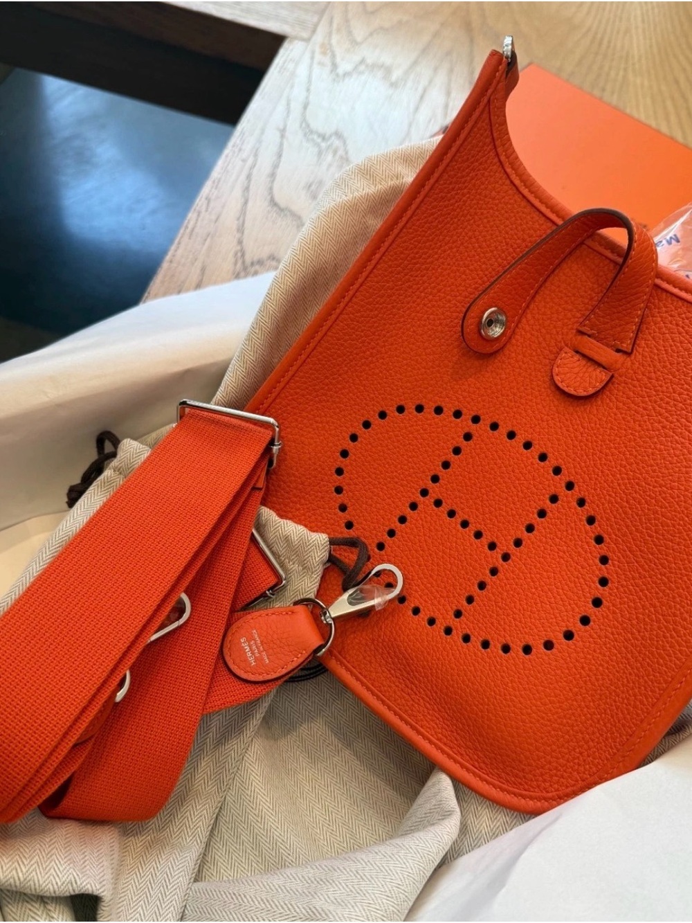 HERMES Evelyne 23 Tangerine Clemence Palladium Hardware NEW Store Fresh